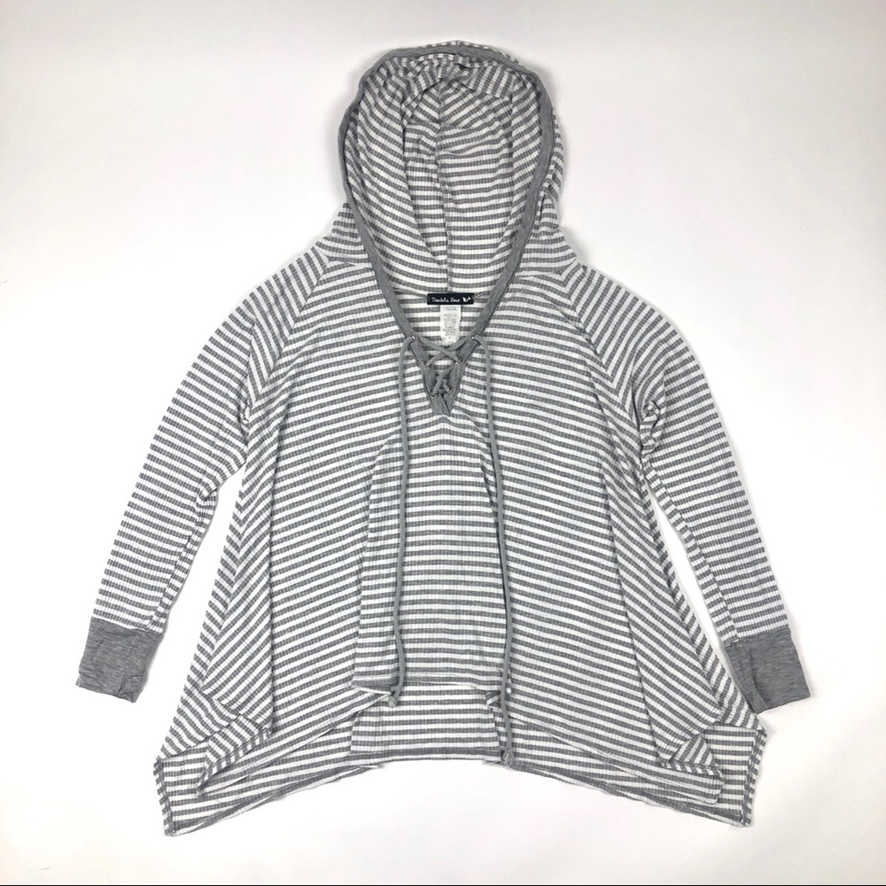 Double Zero Drape Striped Lace Up Hooded Top